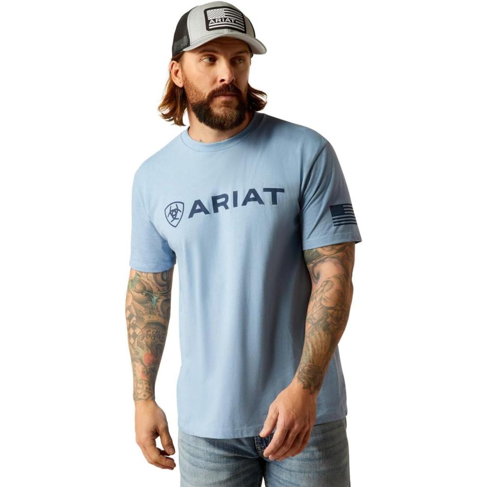 imageARIAT Mens Barb Shield TShirtLight Blue Heather