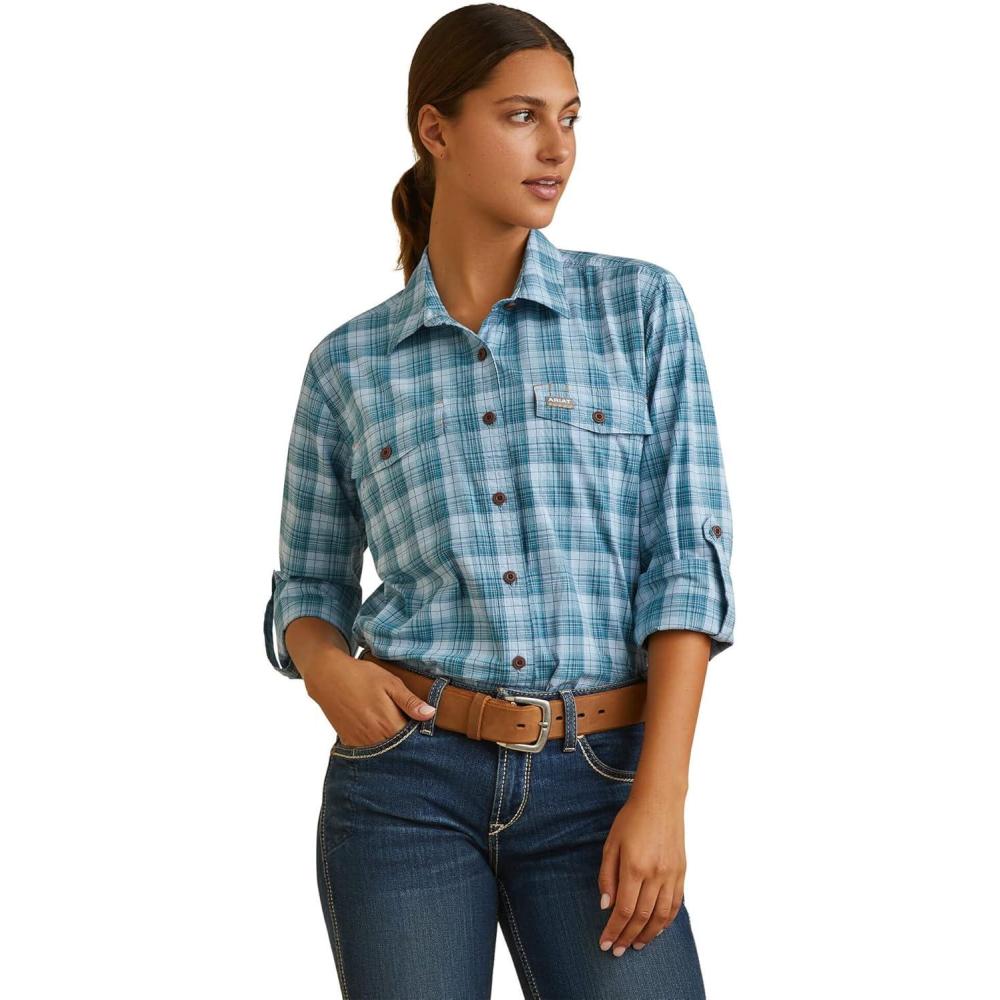 imageARIAT Womens Rebar Made Tough Durastretch Work ShirtClear Sky Plaid