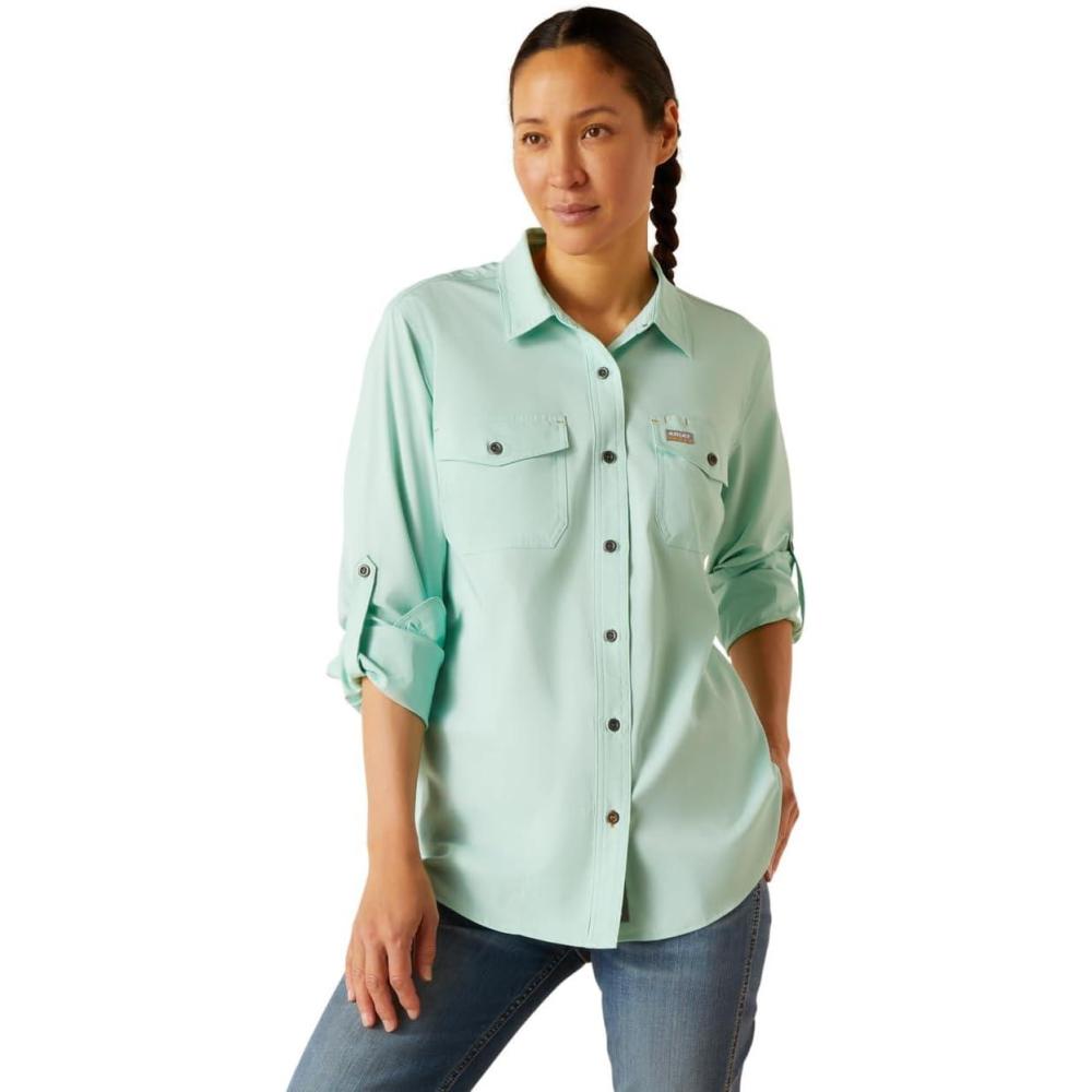 imageARIAT Womens Rebar Made Tough Durastretch Work ShirtPool Blue Heather
