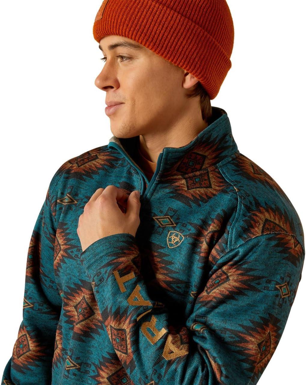 imageAriat Mens Caldwell Logo 14 Zip SweaterBlue Coral Southwest