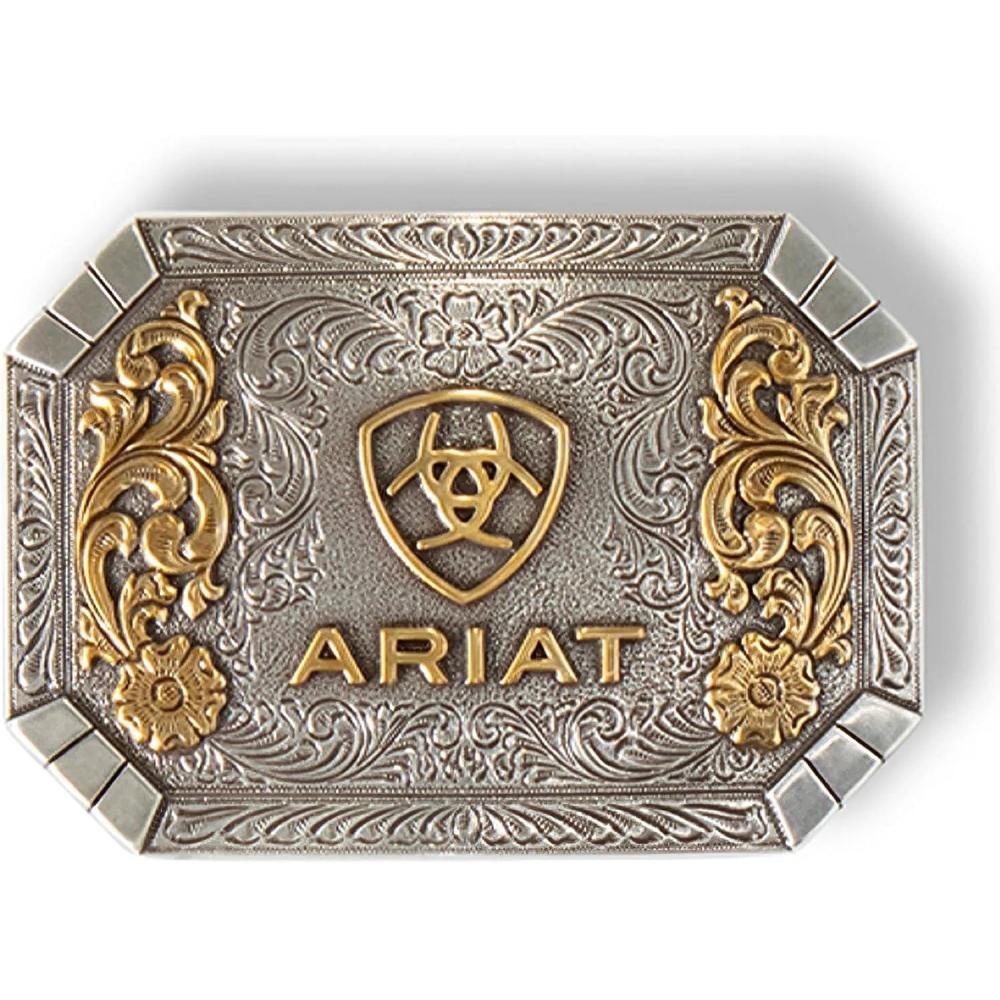 imageARIAT Floral Rectangle Belt Buckle  Silver and Gold Western Cowboy Belt Buckle