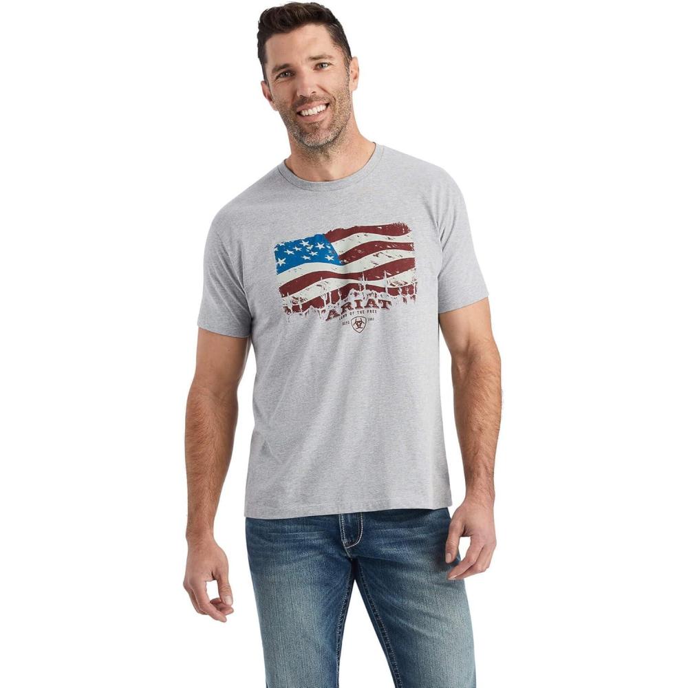 imageARIAT Mens Buckaroo TShirt BuckhornAthletic HeatherFlagscape