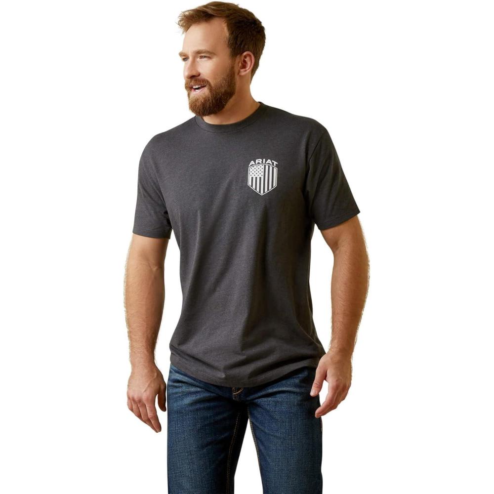 imageARIAT Mens Buckaroo TShirt BuckhornCharcoal HeatherPatriot Badge