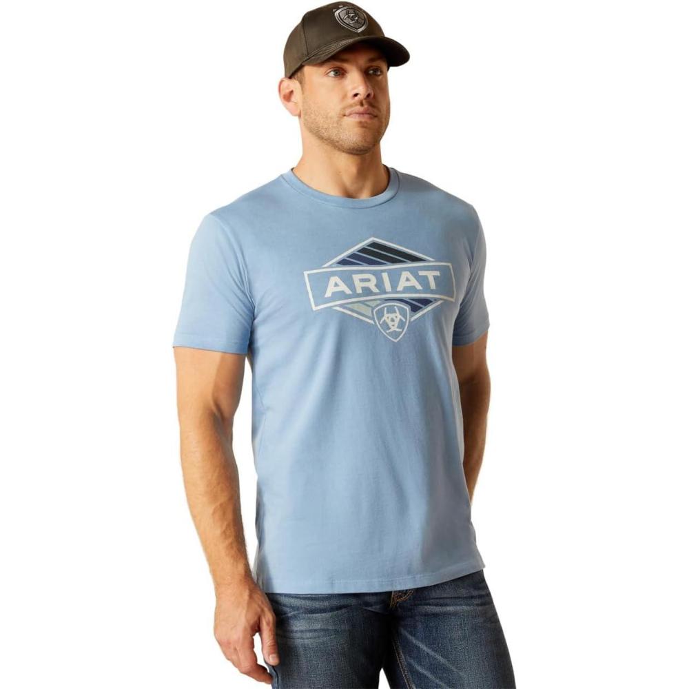 imageARIAT Mens Buckaroo TShirt BuckhornLight Blue HeatherVintage Hex Stripe