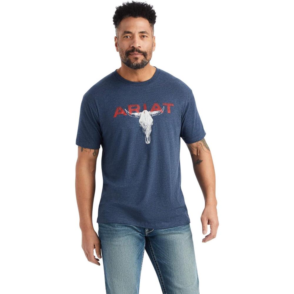 imageARIAT Mens Buckaroo TShirt BuckhornNavy HeatherStreak Skull