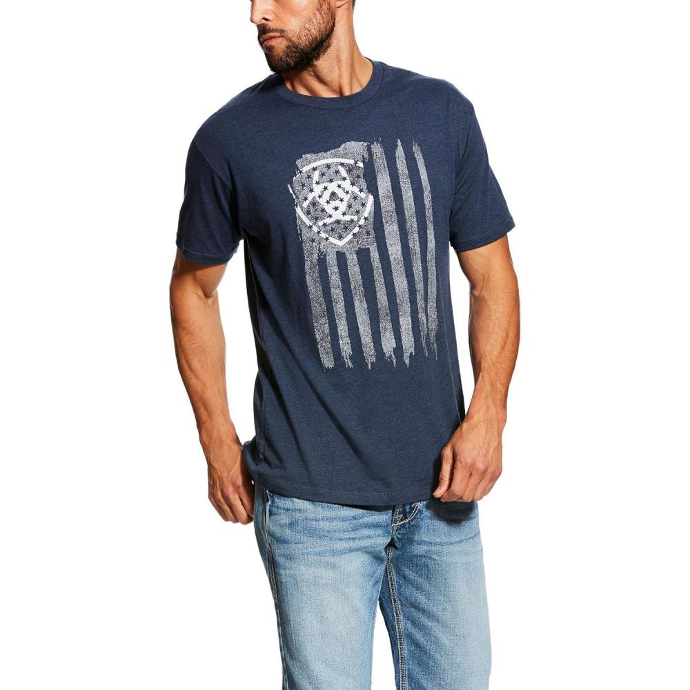 imageARIAT Mens Buckaroo TShirt BuckhornNavy HeatherVertical Flag