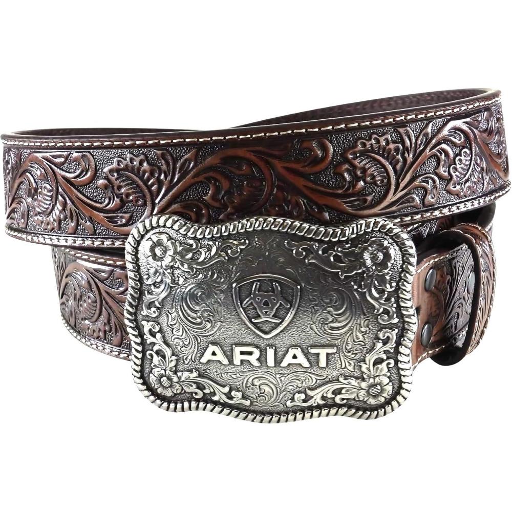 imageARIAT Mens Floral Embossed Leather Belt with Antiqued Silver Cowboy BuckleBlackTan