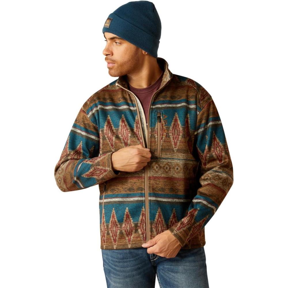 imageARIAT Mens Navy Caldwell Full Zip Sweater JacketOxford Tan Southwest Print