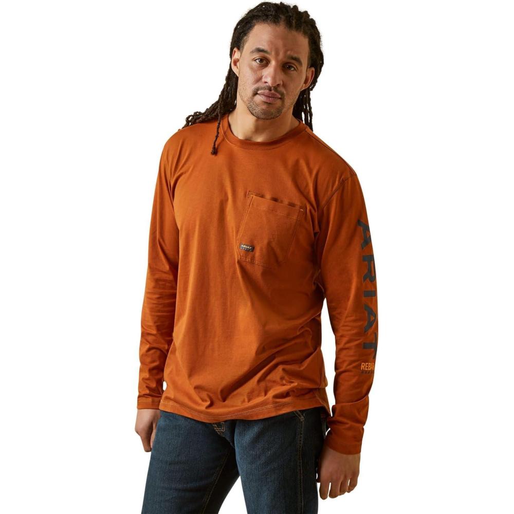 imageARIAT Mens Rebar Workman Logo Long Sleeve CrewCarmel Cafe Seaborne
