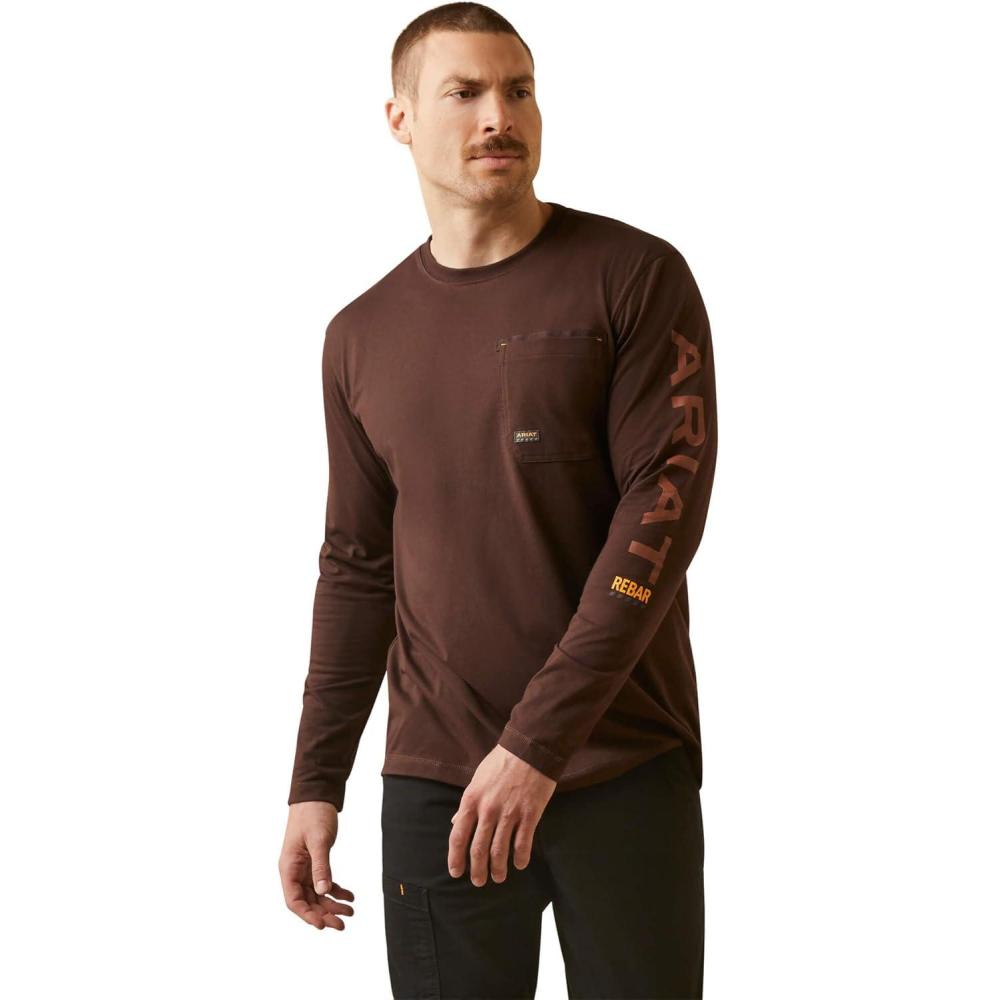 imageARIAT Mens Rebar Workman Logo Long Sleeve CrewCoffee Bean Carmel Cafe