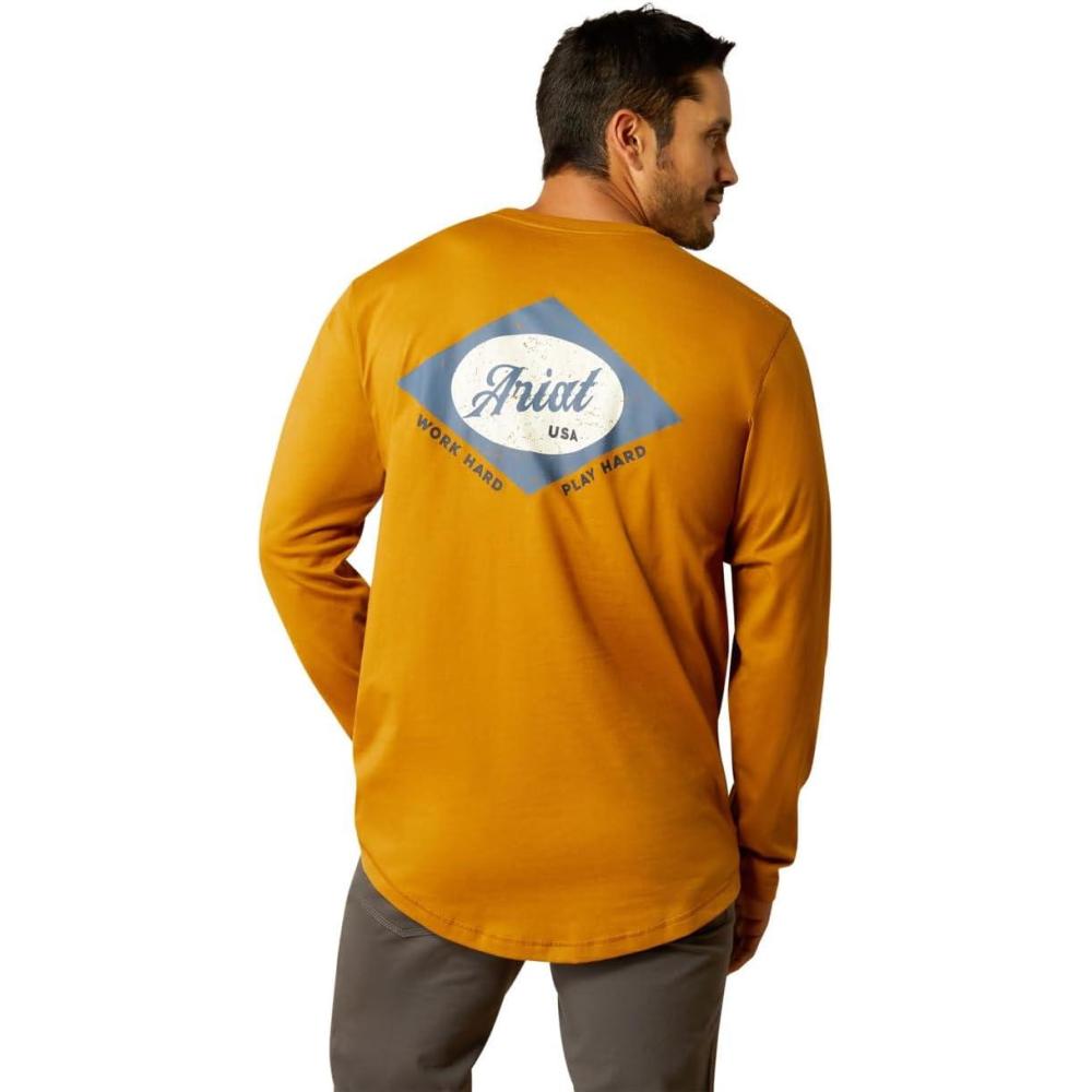 imageARIAT Mens Rebar Workman Logo Long Sleeve CrewGolden Brown