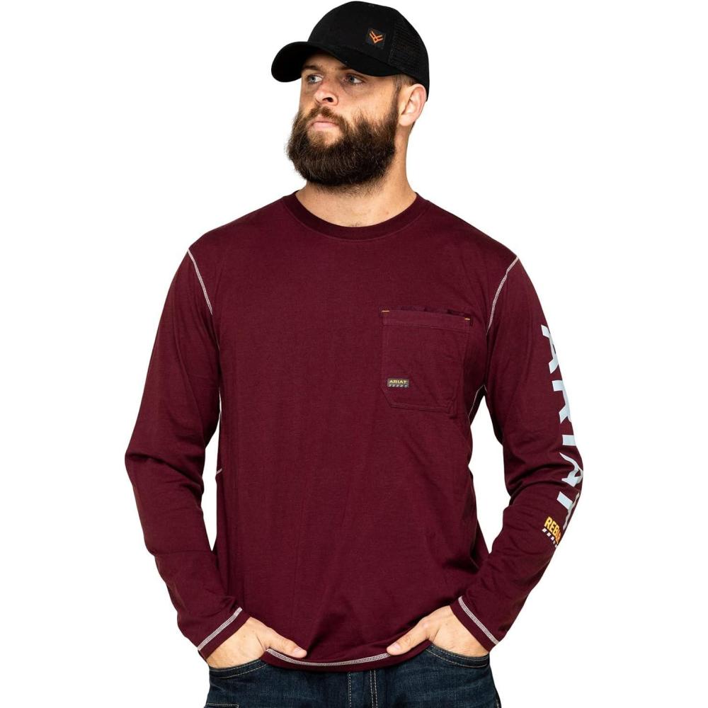 imageARIAT Mens Rebar Workman Logo Long Sleeve CrewMalbec