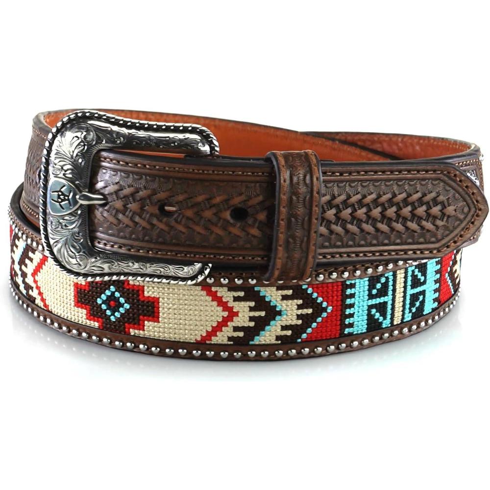imageARIAT Mens Southwestern Embroidered Leather Belt with Tooled TabsRedWhite