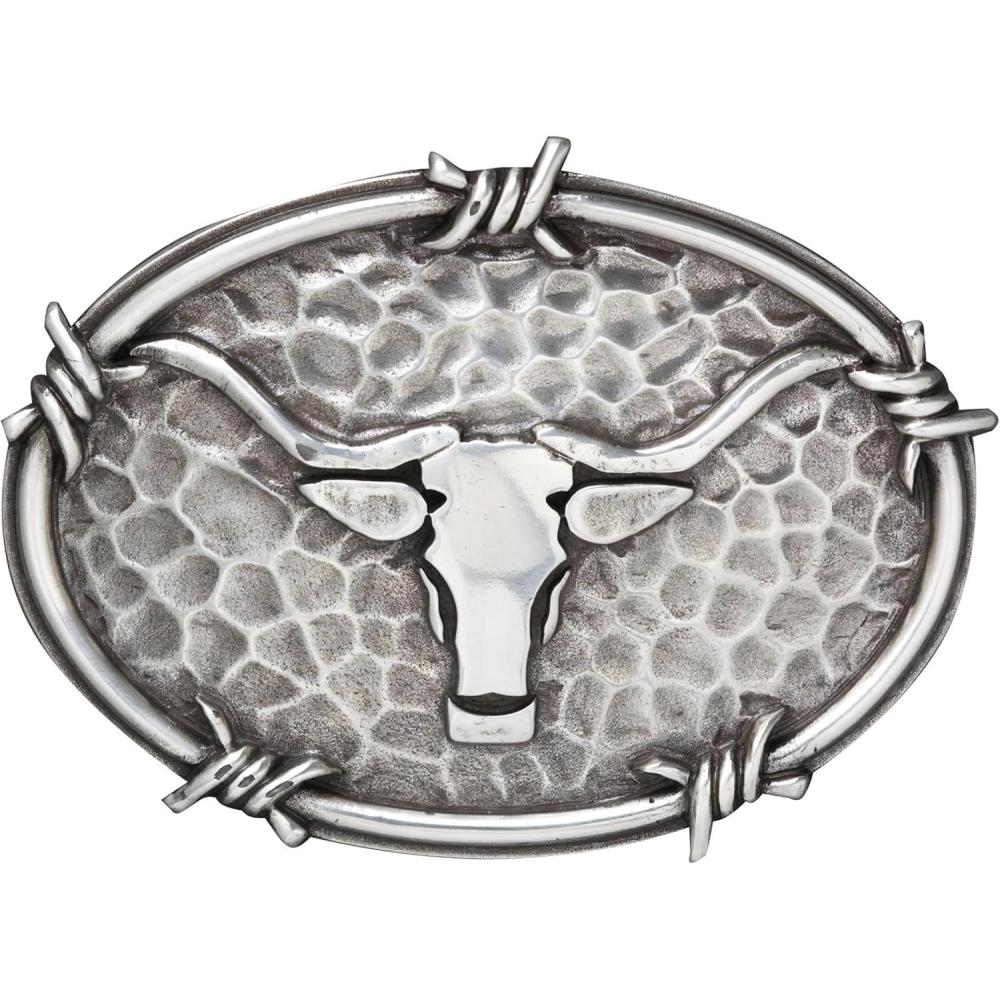 imageARIAT Mens Western Buckle Antique Silver with Steer Head Motif and Barbwire EdgingA37050Silver