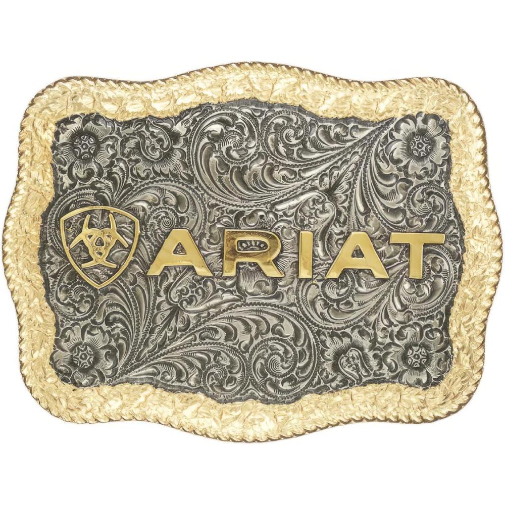 imageARIAT Rectangle Buckle Antique Silver and Gold Finish Word and Shield Logo 412quot x 312quot