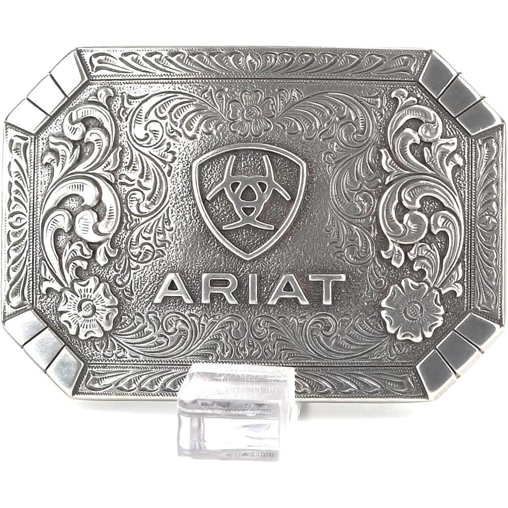 imageARIAT Rectangle Buckle with Western Floral Engraving and Emblem Antique Silver Finish 212quot x 358quot