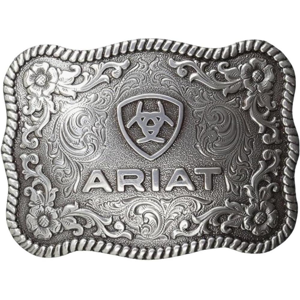 imageARIAT Scalloped Logo Buckle with Twisted Rope Edge Floral Scrolls Filigree Detailing 3 quot x 2 quotSilver