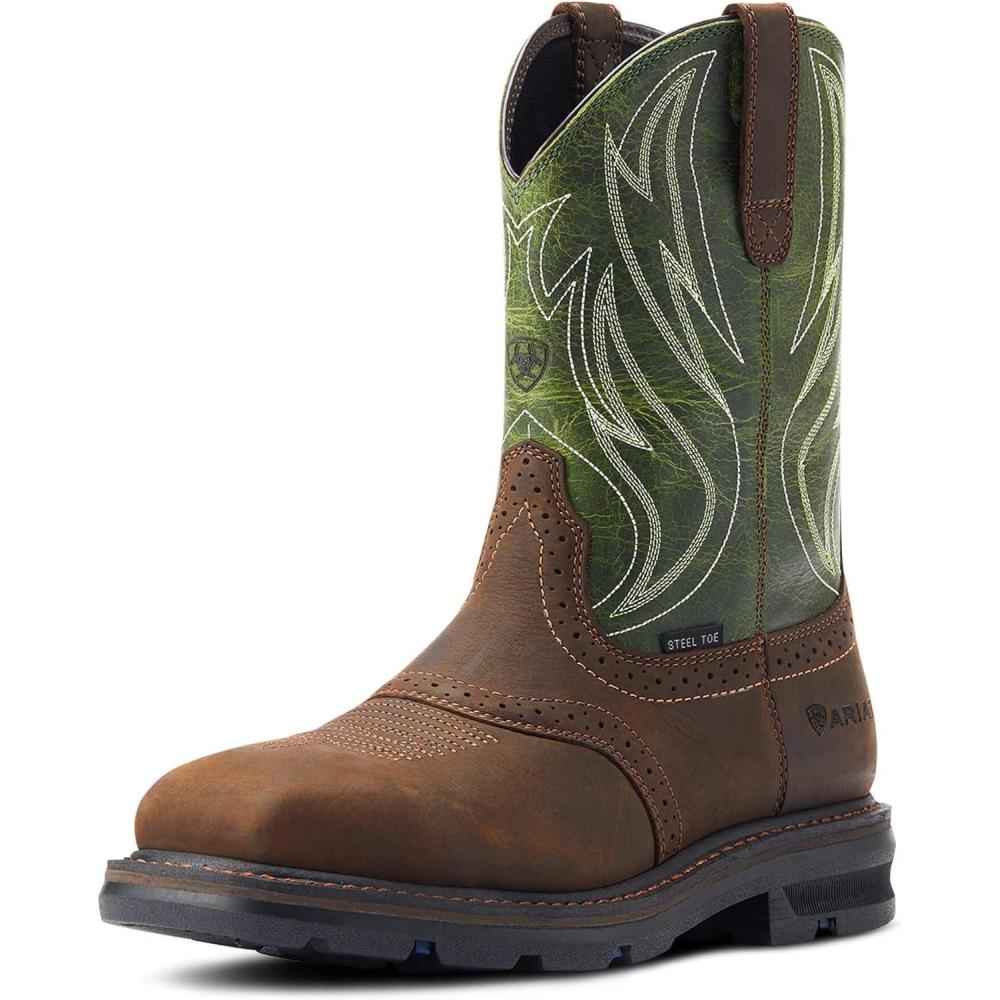 imageAriat Mens Sierra Shock Shield Steel Toe Work BootDark BrownGrass Green
