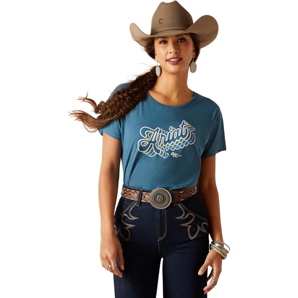 imageAriat Womens Ariat Denim Label TShirtSteel Blue HeatherAriat Rainbow Script
