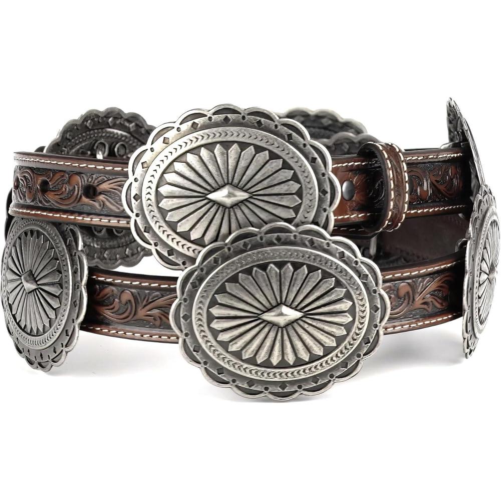 imageAriat Womens Brown Tooled with Silver Oval Concho Leather BeltBrown