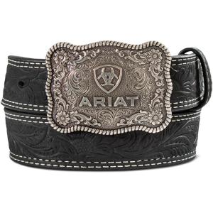 ARIAT Boy’s Rectangle Rope Edge Shield Buckle Embossed Belt (Little Kids/Big Kids)(Black)