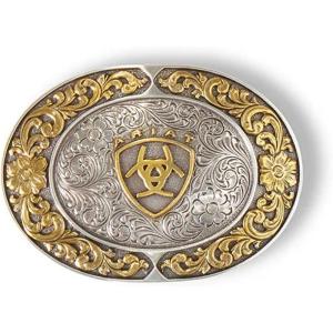 ARIAT Floral Oval Belt Buckle – Silver and Gold Western Cowboy Belt Buckle