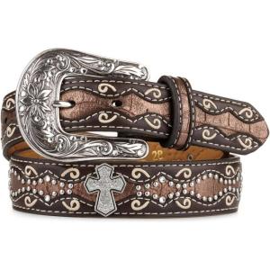 ARIAT Girls’ Rhinestone Cross Conchos Faux Crocodile Belt(Brown)