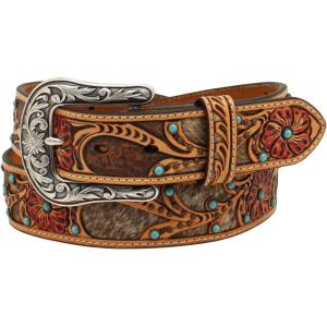 ARIAT Ladies Calf Hair Underlay Red Flower Belt(Tan)