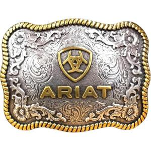 ARIAT Large Scalloped Shape Buckle with Logo, Floral and Scroll Detail, Twisted Rope Trim, 3.75″x 2.75″