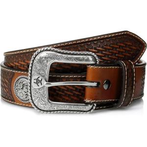 ARIAT Men’s Basketweave-Stamped Leather Western Belt with Silver Conchos(Tan)