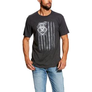 ARIAT Men’s Buckaroo T-Shirt, Buckhorn(Charcoal Heather/Vertical Flag)