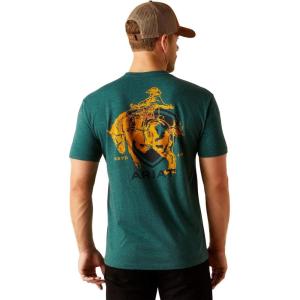 ARIAT Men’s Buckaroo T-Shirt, Buckhorn(Dark Teal Heather/Abilene Shield)