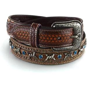 ARIAT Men’s Embossed Leather Belt with Barbed Wire Accents and Blue Crystals(Brown)