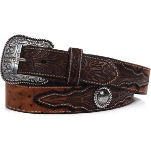 ARIAT Men’s Faux Ostrich Leather Belt with Floral Emboss and Silver Conchos(Brown)