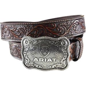ARIAT Men’s Floral Embossed Leather Belt with Antiqued Silver Cowboy Buckle(Black/Tan)