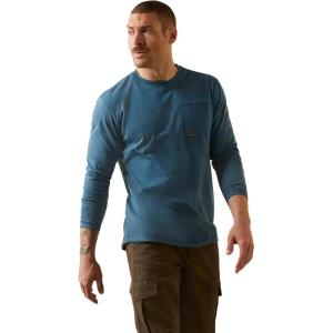 ARIAT Mens Rebar Workman Logo Long Sleeve Crew(Indian Teal/ Tiger’s Eye)