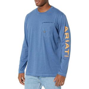 ARIAT Mens Rebar Workman Logo Long Sleeve Crew(Navy Heather/ Rebar Orange)