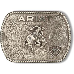 ARIAT Men’s Rectangle Buckle with Raised Vintage Saddle Bronc Motif, Floral Engraved, Rope Edge, Antique Silver Finish, 3-1/2″ x 2-1/2″