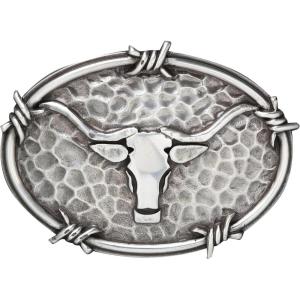 ARIAT Men’s Western Buckle, Antique Silver with Steer Head Motif and Barbwire Edging-A37050(Silver)