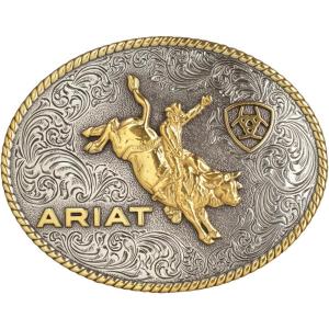 ARIAT Oval Buckle with Bull Rider Motif, Rope Edge, Antique Silver and Gold Finish, 4″ x 3″