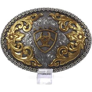 ARIAT Oval Buckle with Logo, Floral Scrolls and Filigree Detail, Antique Gold and Silver Finish, 3.75″x 2.75″
