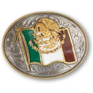ARIAT Oval Buckle with Mexico Flag Motif, Rope Edge Detailing, Antique Silver and Gold Finish, 4″ x 3-1/4″