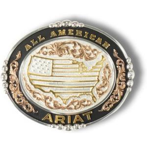 ARIAT Oval Buckle with USA Motif, All-American Wording, Beaded Edge Accents, Silver and Gold, 3-1/4″ x 4″