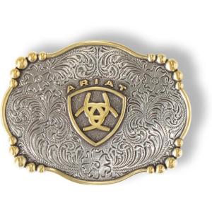 ARIAT Rectangle Buckle with Western Floral Engraving, Centered Emblem, Beaded Accents, Antique Silver, 2-5/8″ x 3-1/2″