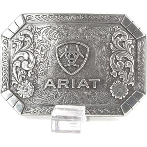 ARIAT Rectangle Buckle with Western Floral Engraving and Emblem, Antique Silver Finish, 2-1/2″ x 3-5/8″