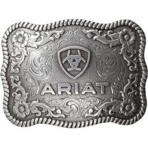 ARIAT Scalloped Logo Buckle with Twisted Rope Edge, Floral Scrolls, Filigree Detailing, 3 ¾” x 2 ¾”(Silver)