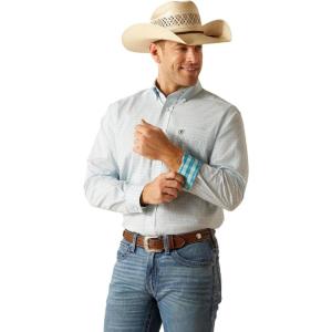 ARIAT White with Blue and Print Kolton Classic Fit Wrinkle Free Collared Men’s Button Down Longsleeve Shirt 10051239(White)