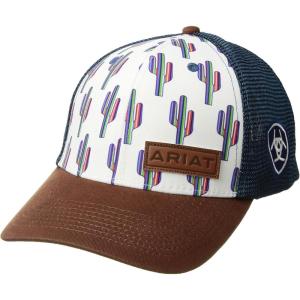 ARIAT Women’s Cactus Design Cap with Faux Leather Patch and Mesh Back(White/Blue)