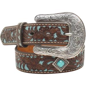 ARIAT Youth Brown Floral Belt with Painted Turquoise Inlay(Brown)