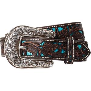 ARIAT Youth Brown Floral Belt with Painted Turquoise Inlay(Brown/Turquoise)